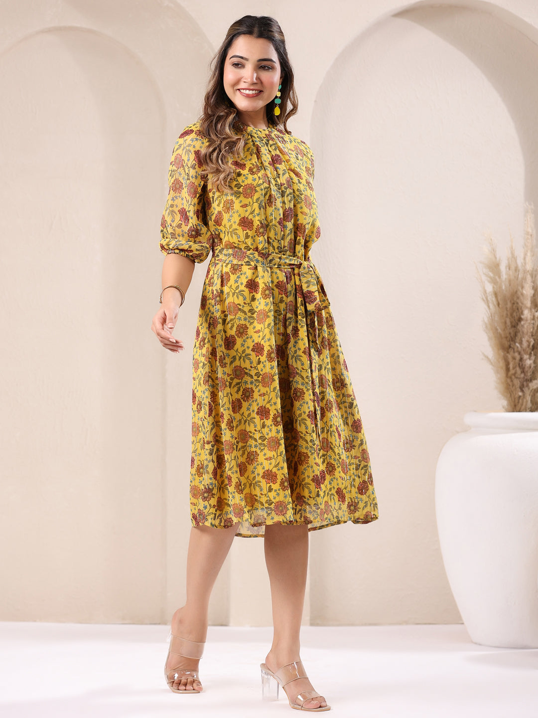Janasya Bright Georgette Floral A-Line Dress