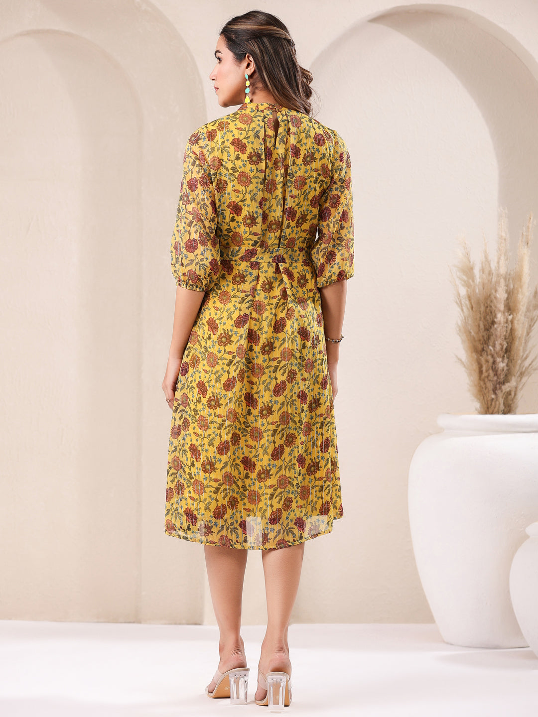 Janasya Bright Georgette Floral A-Line Dress