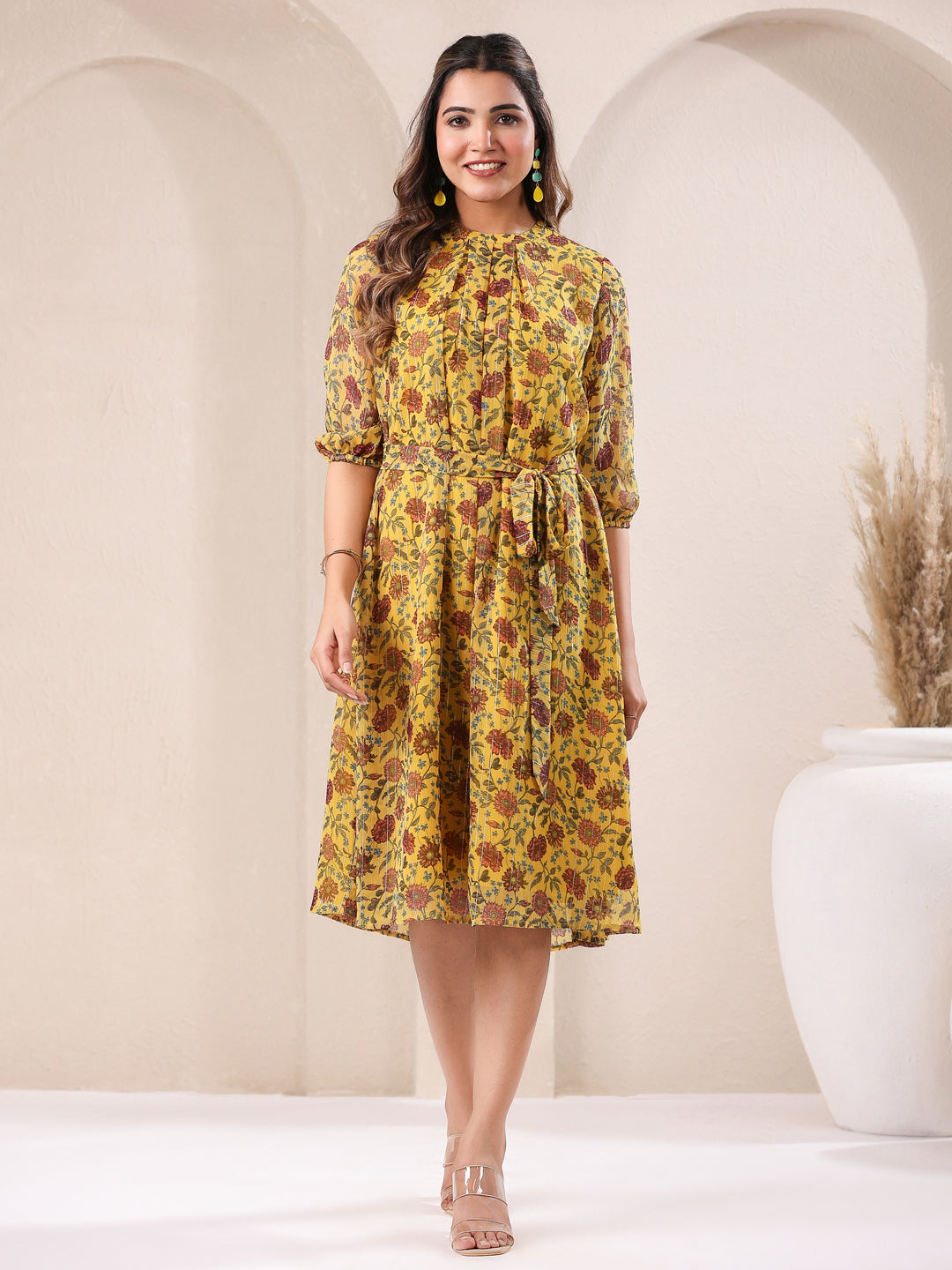 Janasya Bright Georgette Floral A-Line Dress