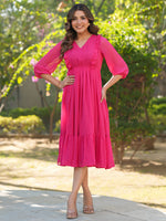 Thumbnail for Janasya Bright Dobby Chiffon Self Design Fit & Flare Dress