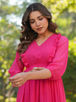 Thumbnail for Janasya Bright Dobby Chiffon Self Design Fit & Flare Dress
