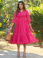 Thumbnail for Janasya Bright Dobby Chiffon Self Design Fit & Flare Dress