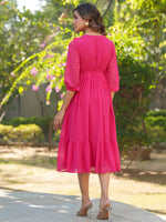 Thumbnail for Janasya Bright Dobby Chiffon Self Design Fit & Flare Dress