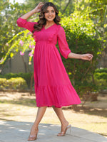 Thumbnail for Janasya Bright Dobby Chiffon Self Design Fit & Flare Dress