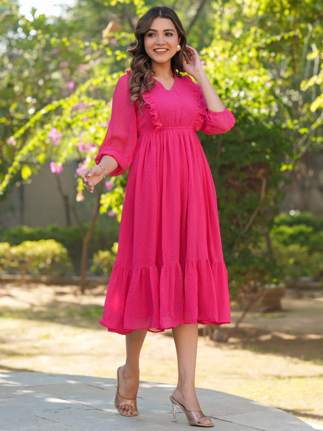 Janasya Bright Dobby Chiffon Self Design Fit & Flare Dress