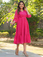 Thumbnail for Janasya Bright Dobby Chiffon Self Design Fit & Flare Dress