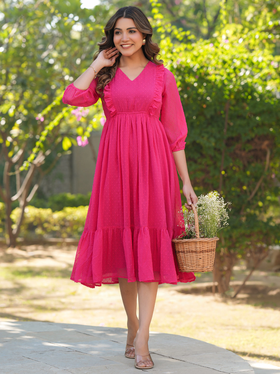 Janasya Bright Dobby Chiffon Self Design Fit & Flare Dress - Distacart
