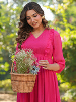 Thumbnail for Janasya Bright Dobby Chiffon Self Design Fit & Flare Dress