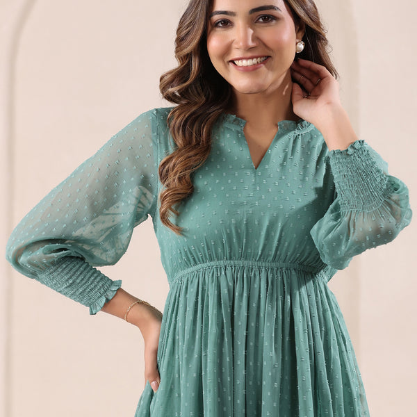 Janasya Dark Dobby Chiffon Self Design Fit & Flare Dress