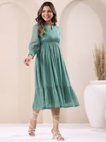 Thumbnail for Janasya Dark Dobby Chiffon Self Design Fit & Flare Dress