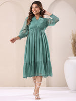Thumbnail for Janasya Dark Dobby Chiffon Self Design Fit & Flare Dress