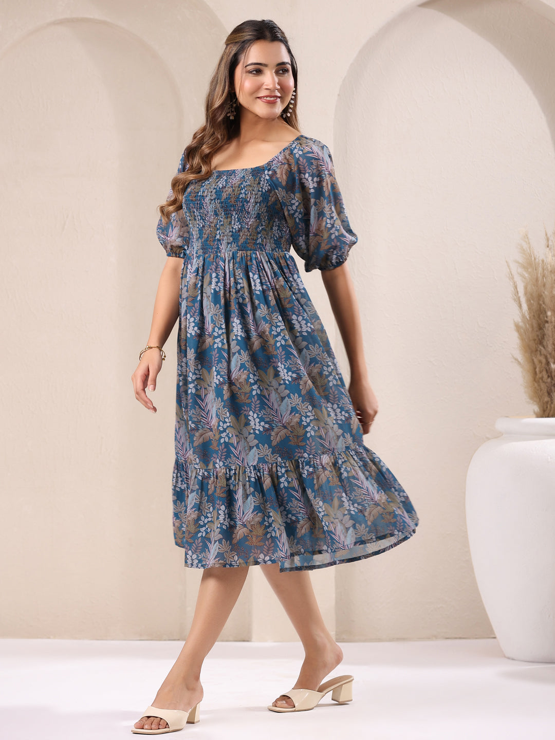 Janasya Dark Georgette Floral A-Line DRESS