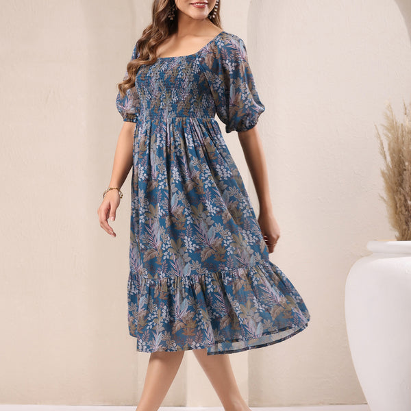 Janasya Dark Georgette Floral A-Line DRESS