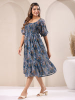 Thumbnail for Janasya Dark Georgette Floral A-Line DRESS