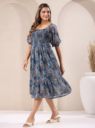 Janasya Dark Georgette Floral A-Line DRESS