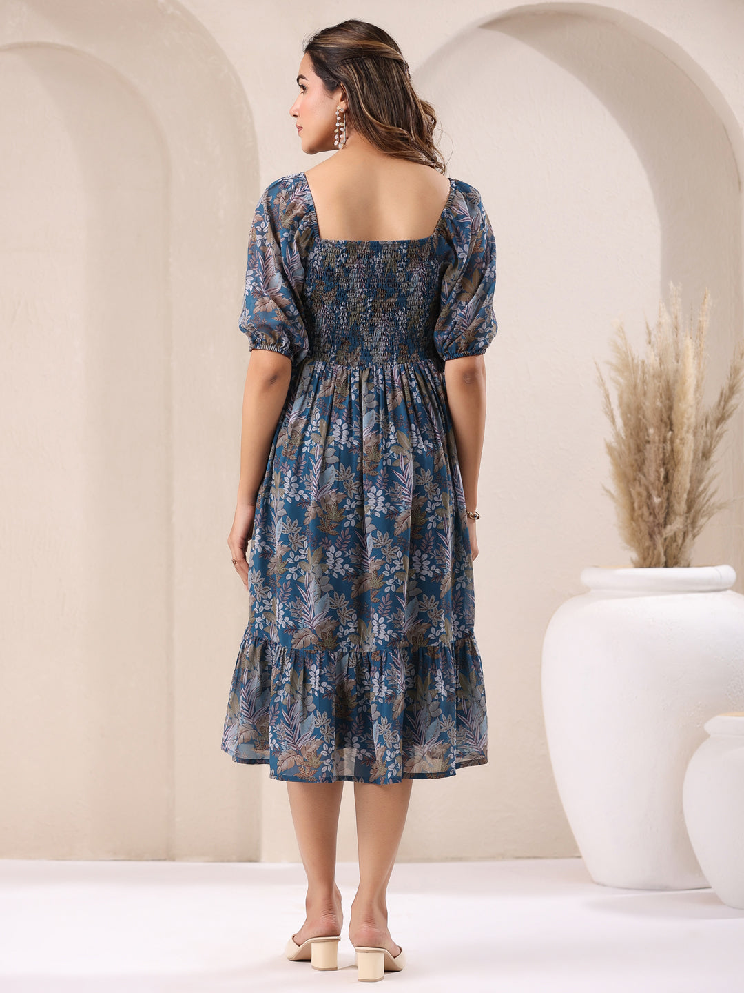 Janasya Dark Georgette Floral A-Line DRESS