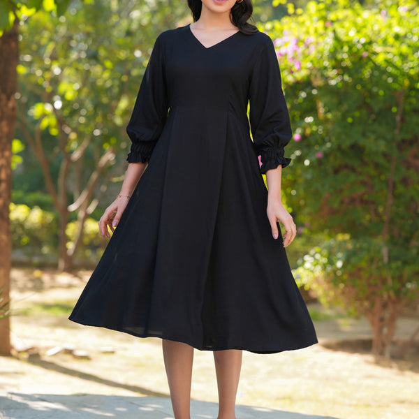 Janasya Dark Rayon Solid A-Line Dress