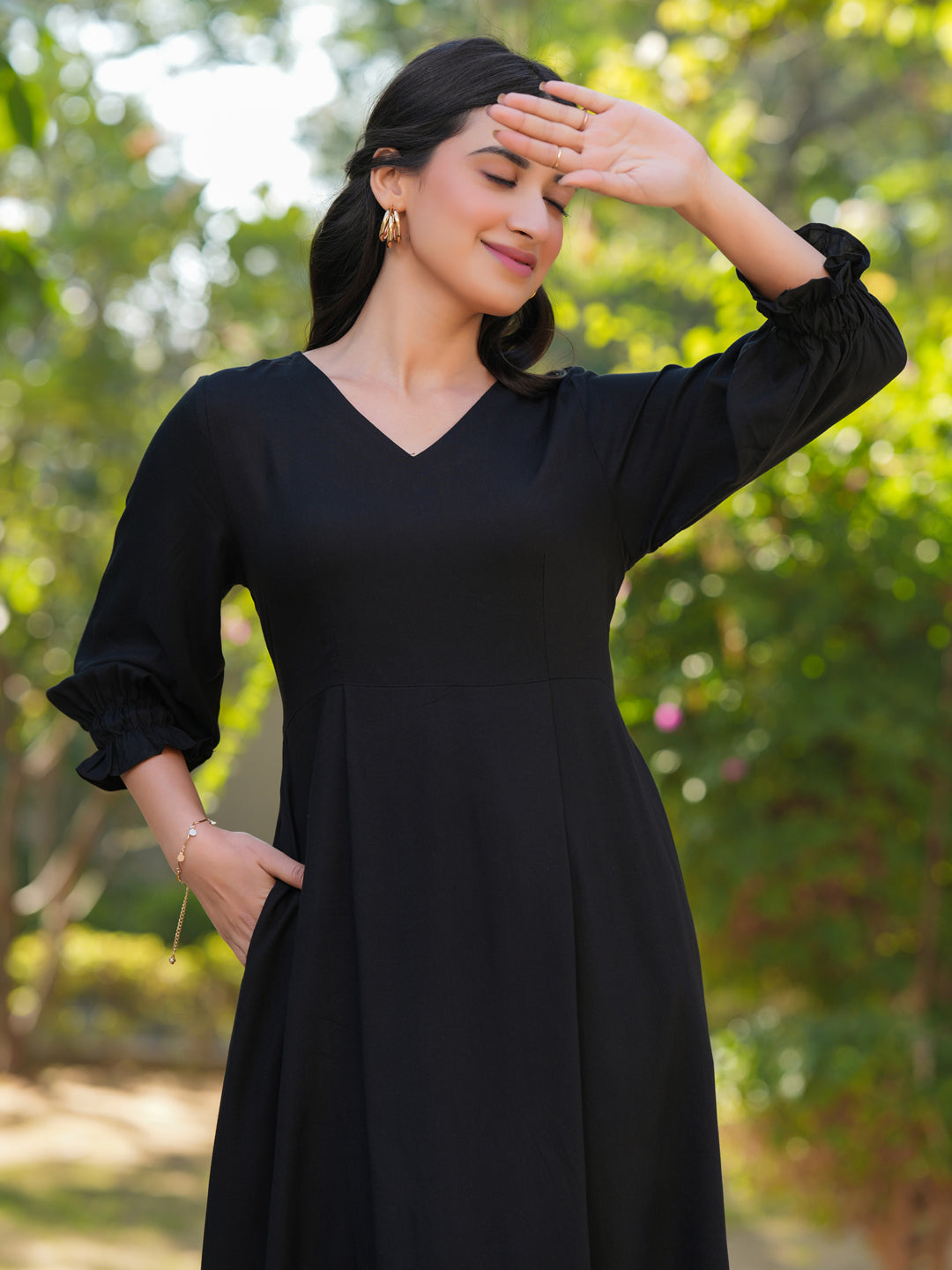 Janasya Dark Rayon Solid A-Line Dress