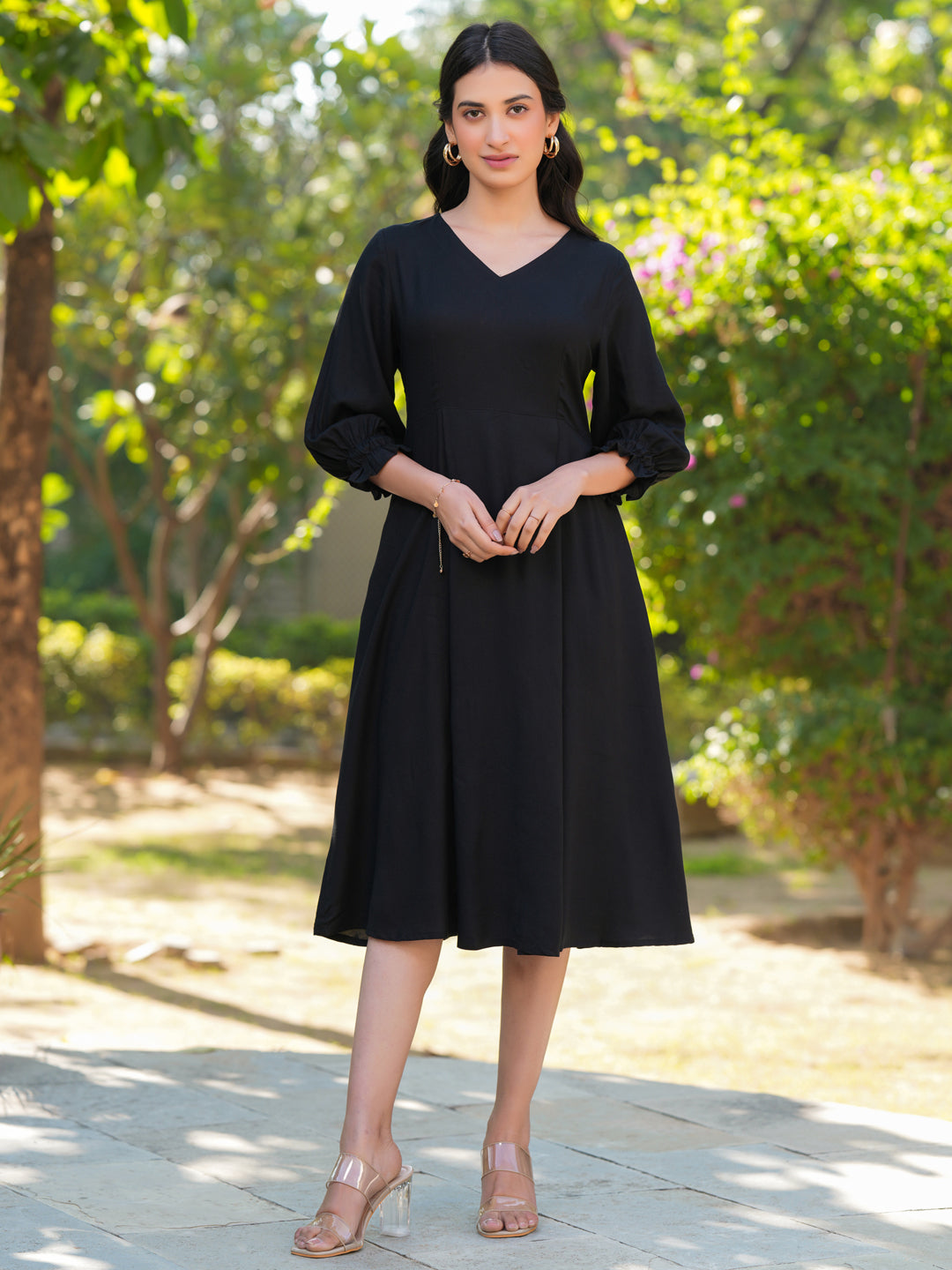 Janasya Dark Rayon Solid A-Line Dress - Distacart