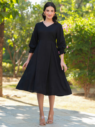 Janasya Dark Rayon Solid A-Line Dress