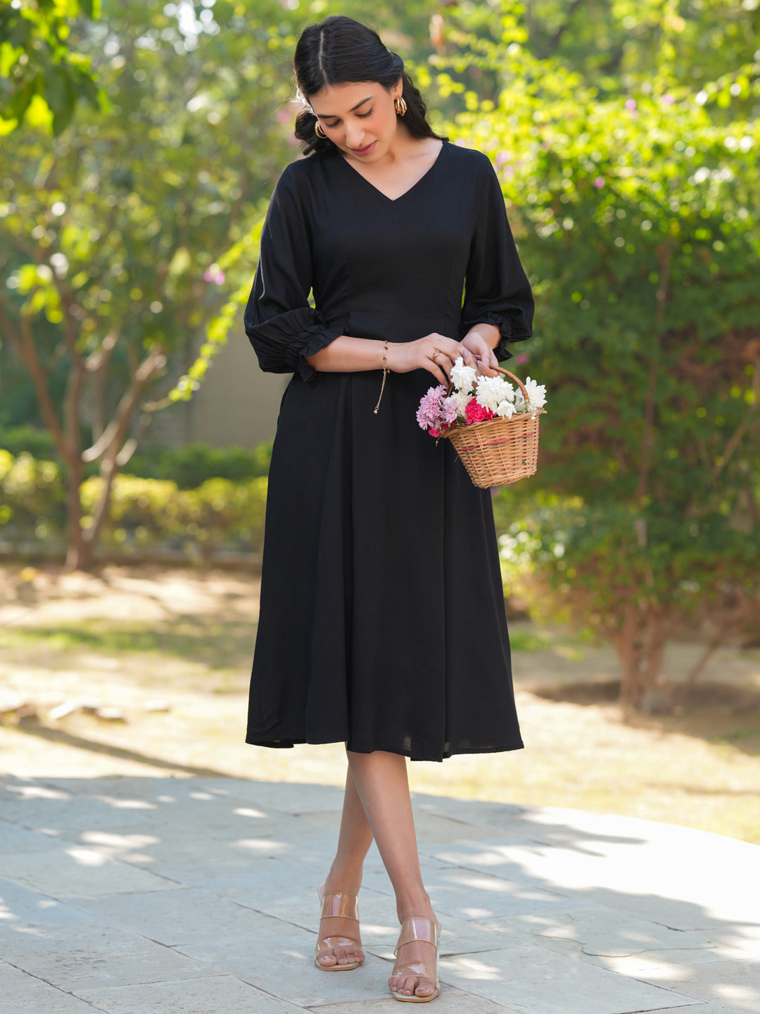 Janasya Dark Rayon Solid A-Line Dress