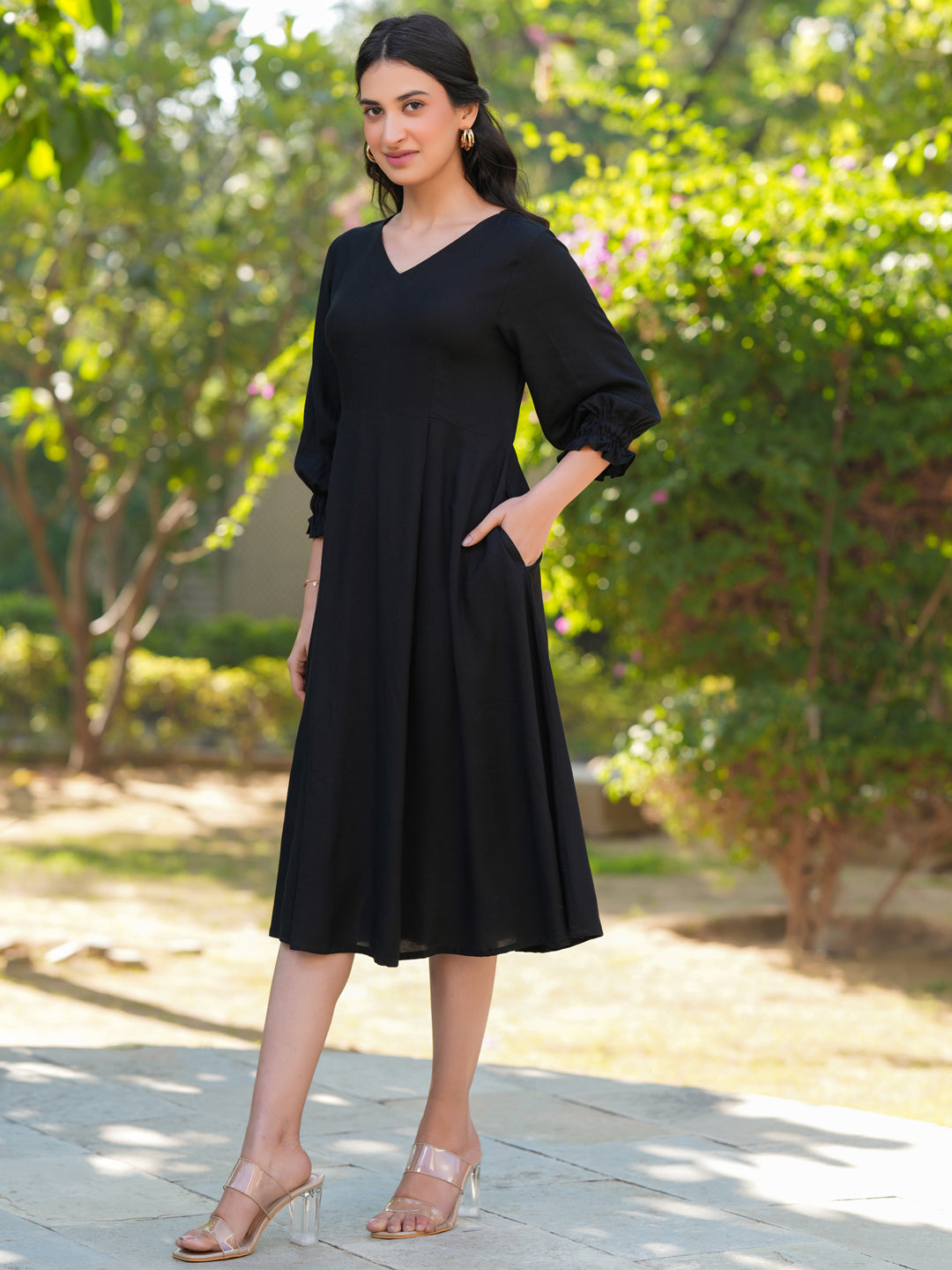 Janasya Dark Rayon Solid A-Line Dress