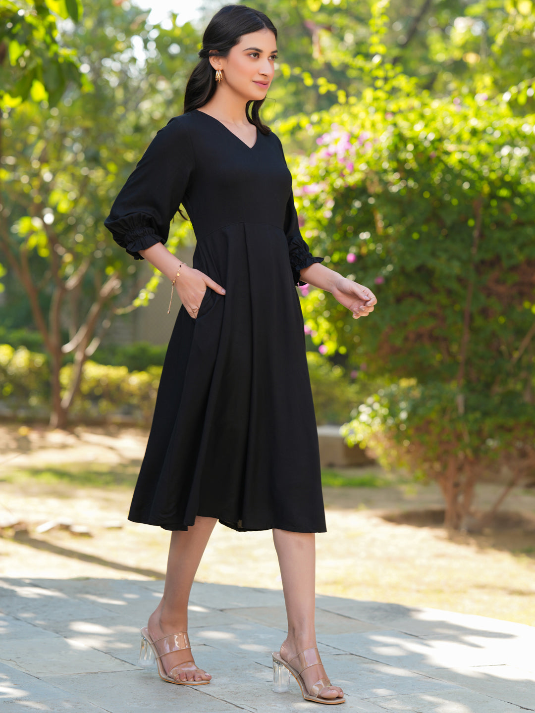 Janasya Dark Rayon Solid A-Line Dress
