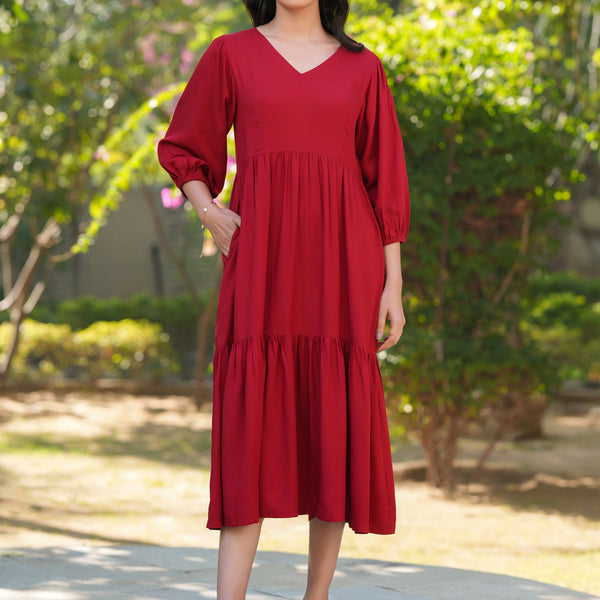 Janasya Bright Rayon Solid Tiered Dress
