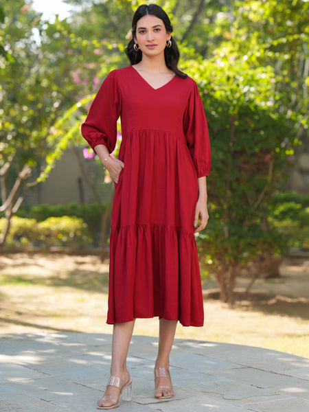 Janasya Bright Rayon Solid Tiered Dress