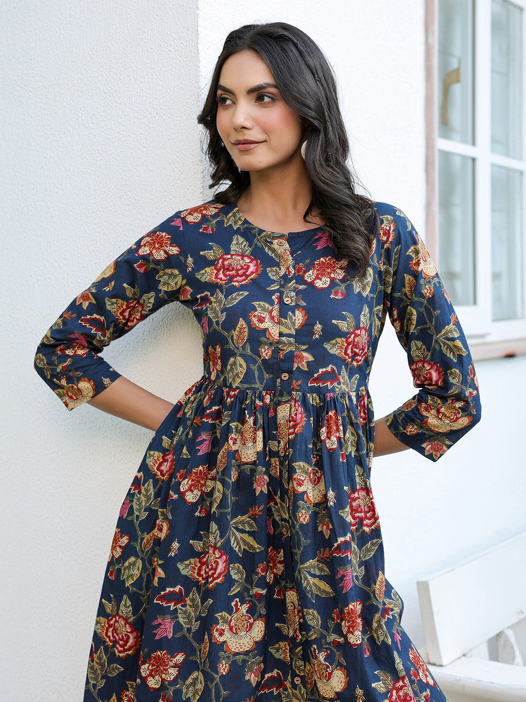 Janasya Dark Cotton Floral A-Line DRESS