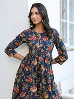 Thumbnail for Janasya Dark Cotton Floral A-Line DRESS