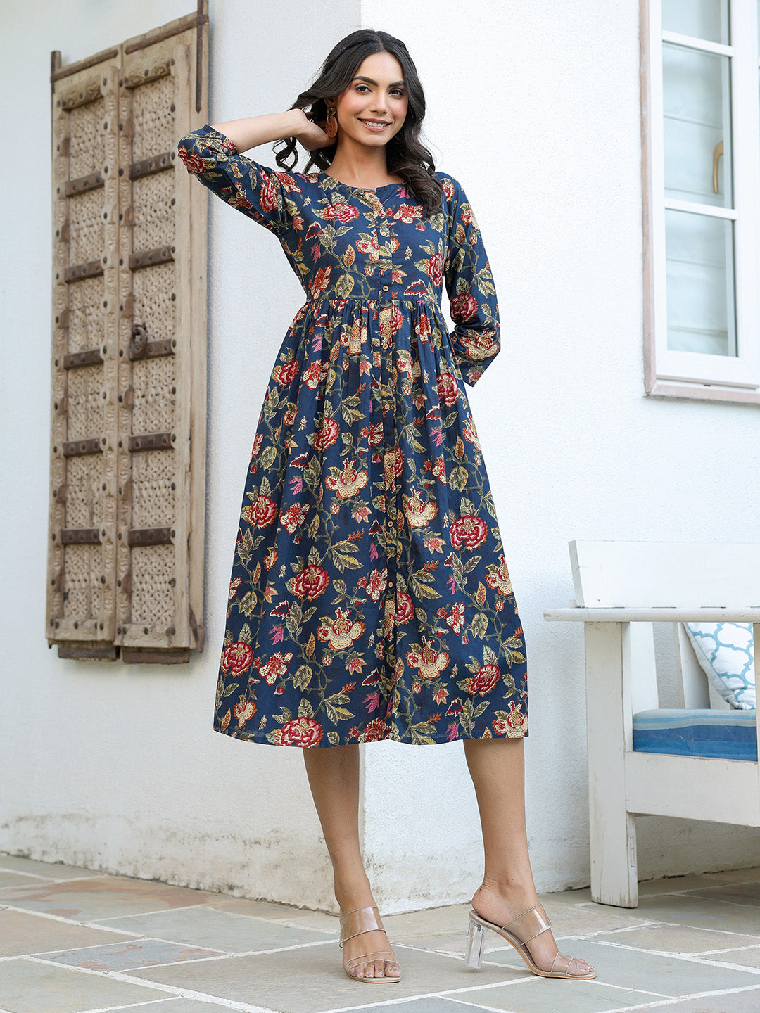 Janasya Dark Cotton Floral A-Line DRESS