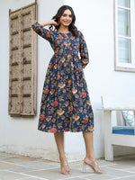 Thumbnail for Janasya Dark Cotton Floral A-Line DRESS