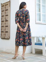 Thumbnail for Janasya Dark Cotton Floral A-Line DRESS