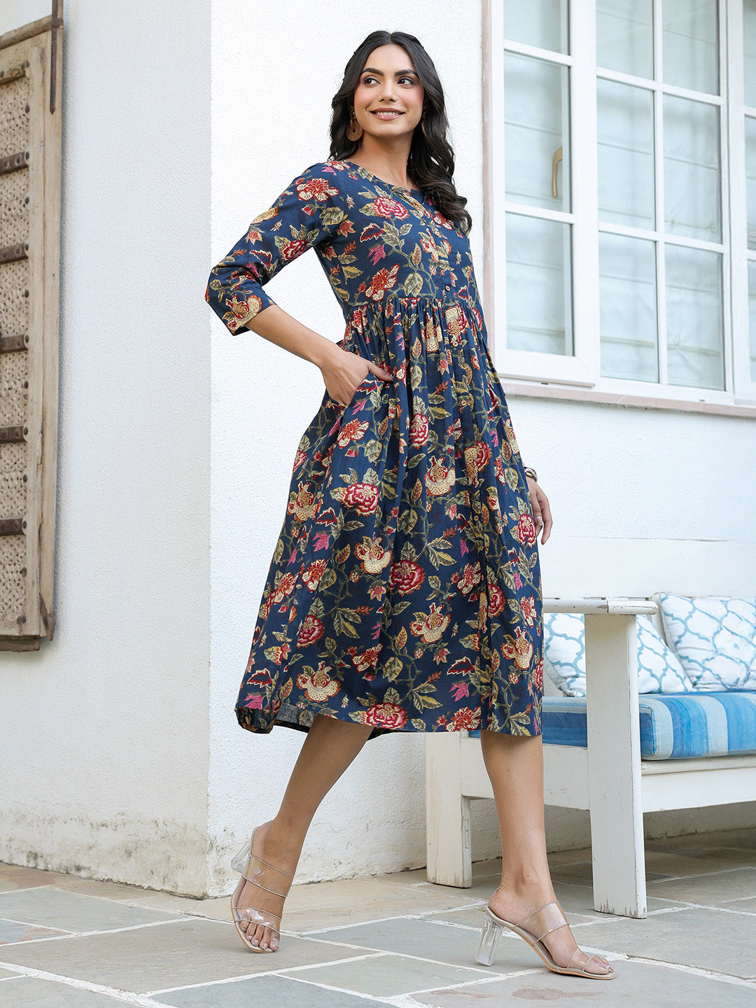 Janasya Dark Cotton Floral A-Line DRESS
