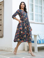 Thumbnail for Janasya Dark Cotton Floral A-Line DRESS