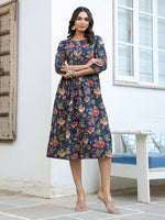 Thumbnail for Janasya Dark Cotton Floral A-Line DRESS