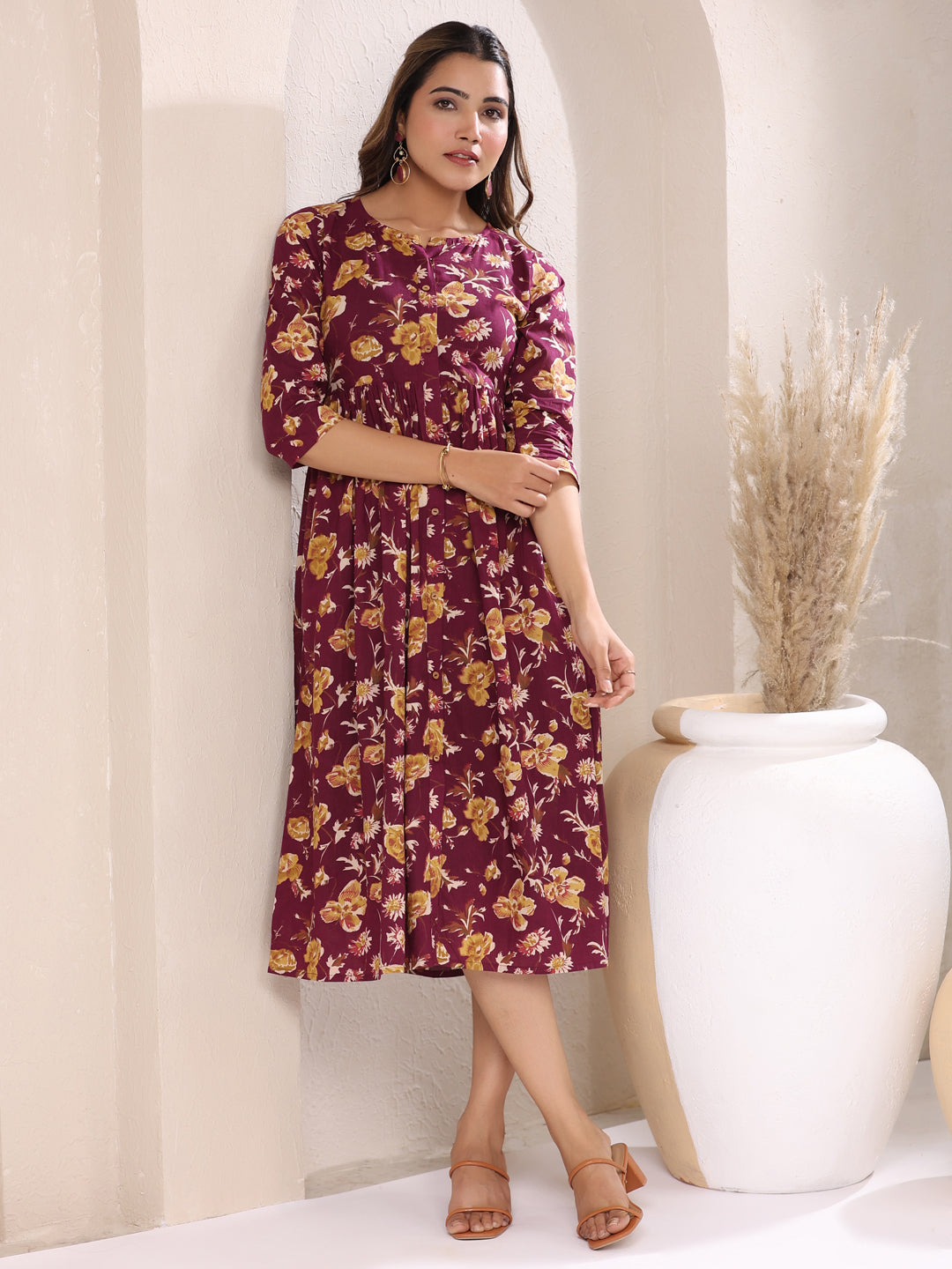 Janasya Dark Cotton Floral Gathered Dress