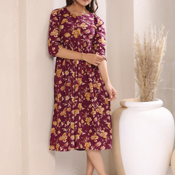 Janasya Dark Cotton Floral Gathered Dress