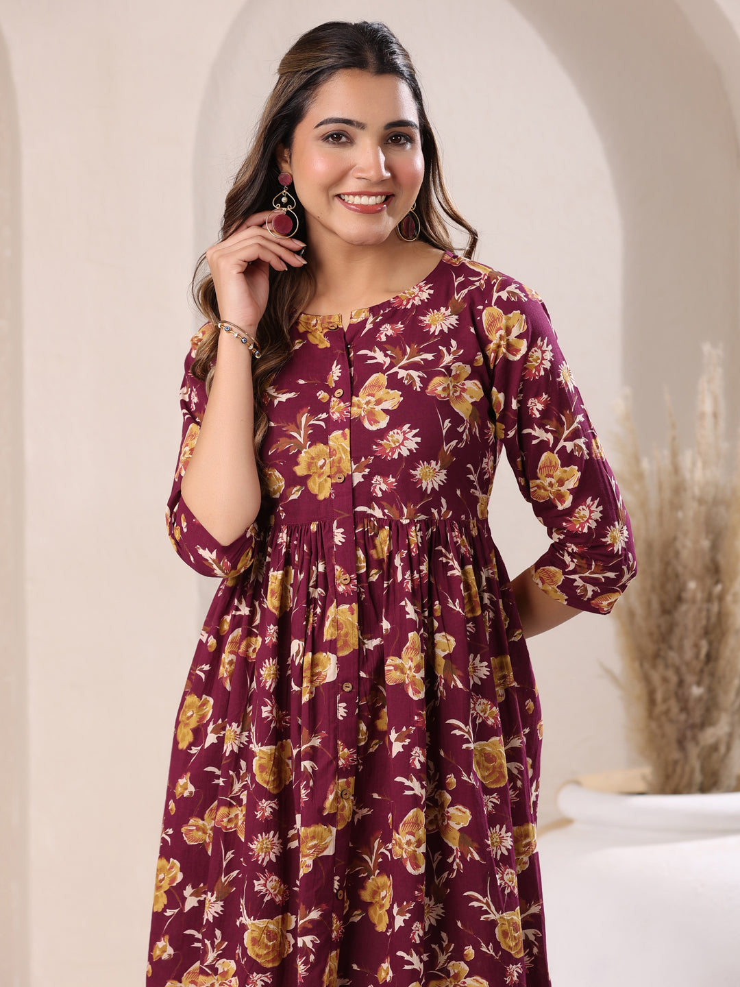Janasya Dark Cotton Floral Gathered Dress
