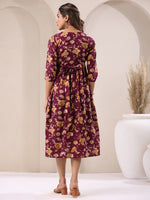 Thumbnail for Janasya Dark Cotton Floral Gathered Dress