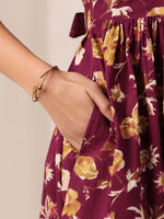 Thumbnail for Janasya Dark Cotton Floral Gathered Dress