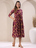 Thumbnail for Janasya Dark Cotton Floral Gathered Dress