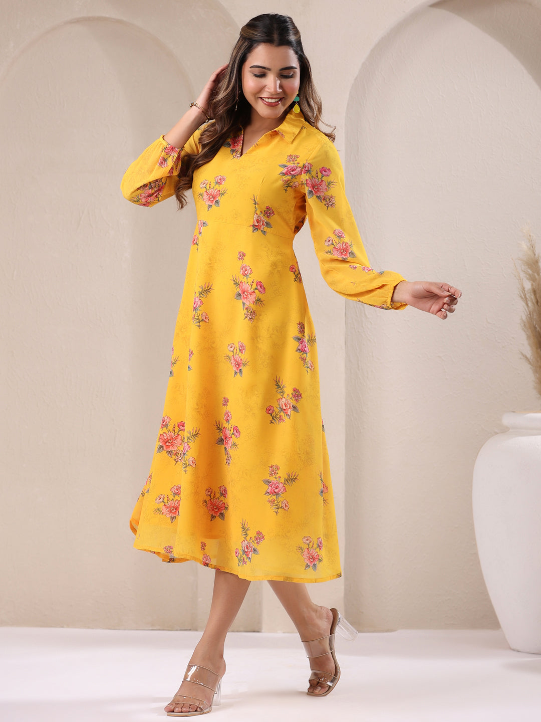 Janasya Bright Georgette Floral A-Line Dress