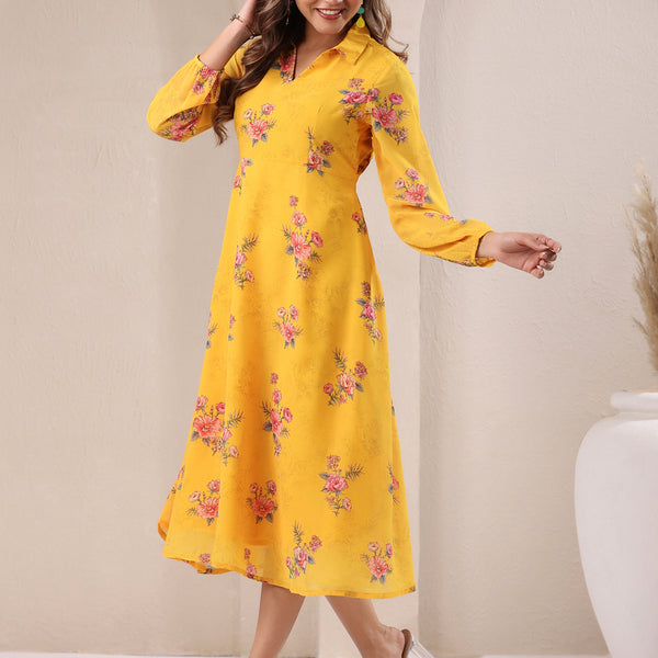 Janasya Bright Georgette Floral A-Line Dress
