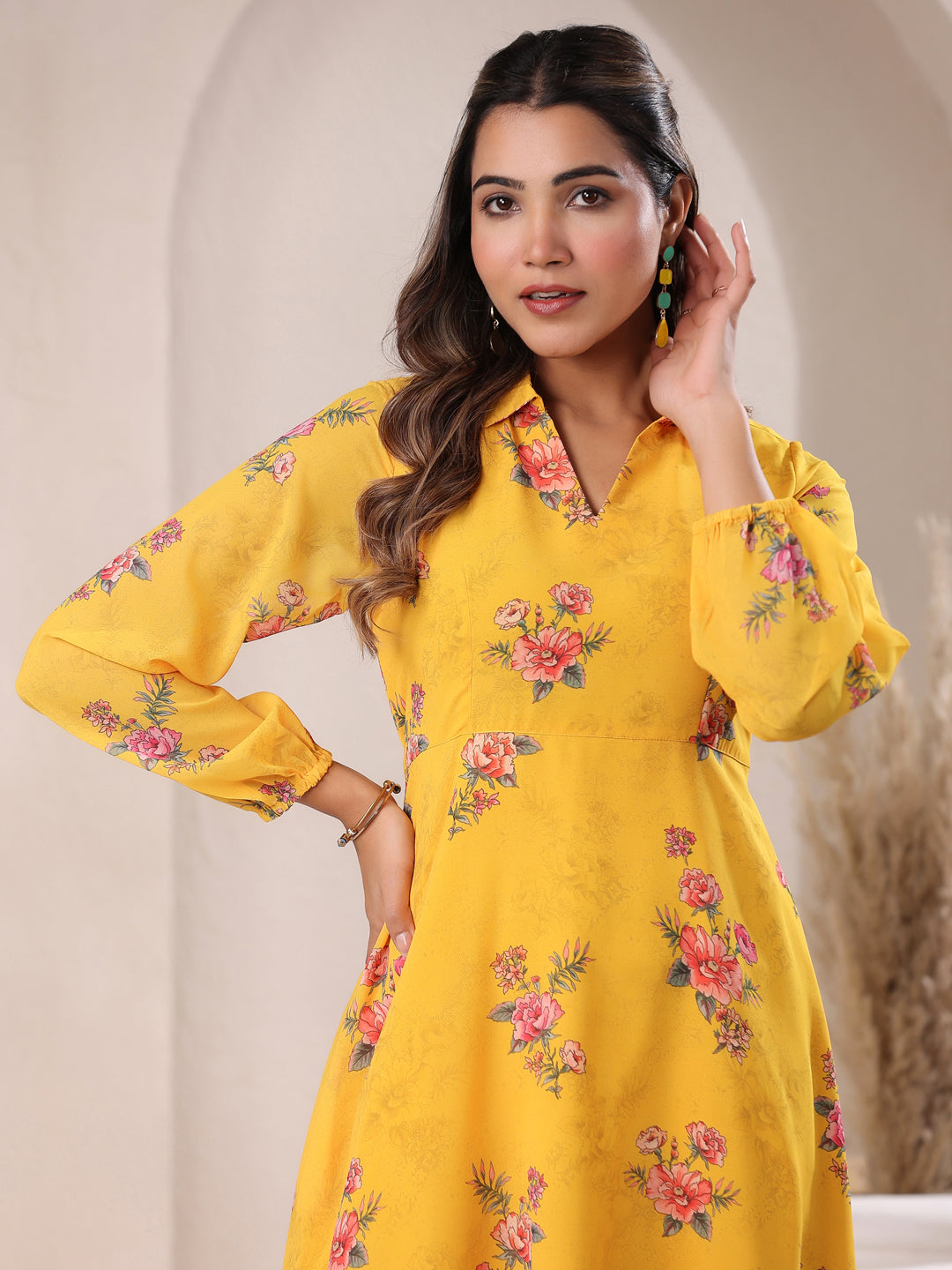 Janasya Bright Georgette Floral A-Line Dress