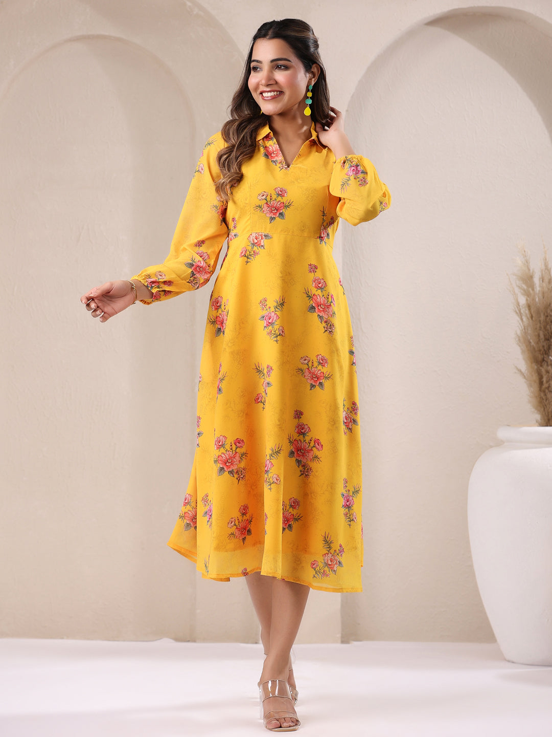 Janasya Bright Georgette Floral A-Line Dress