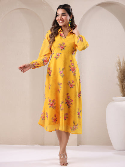 Janasya Bright Georgette Floral A-Line Dress - Distacart
