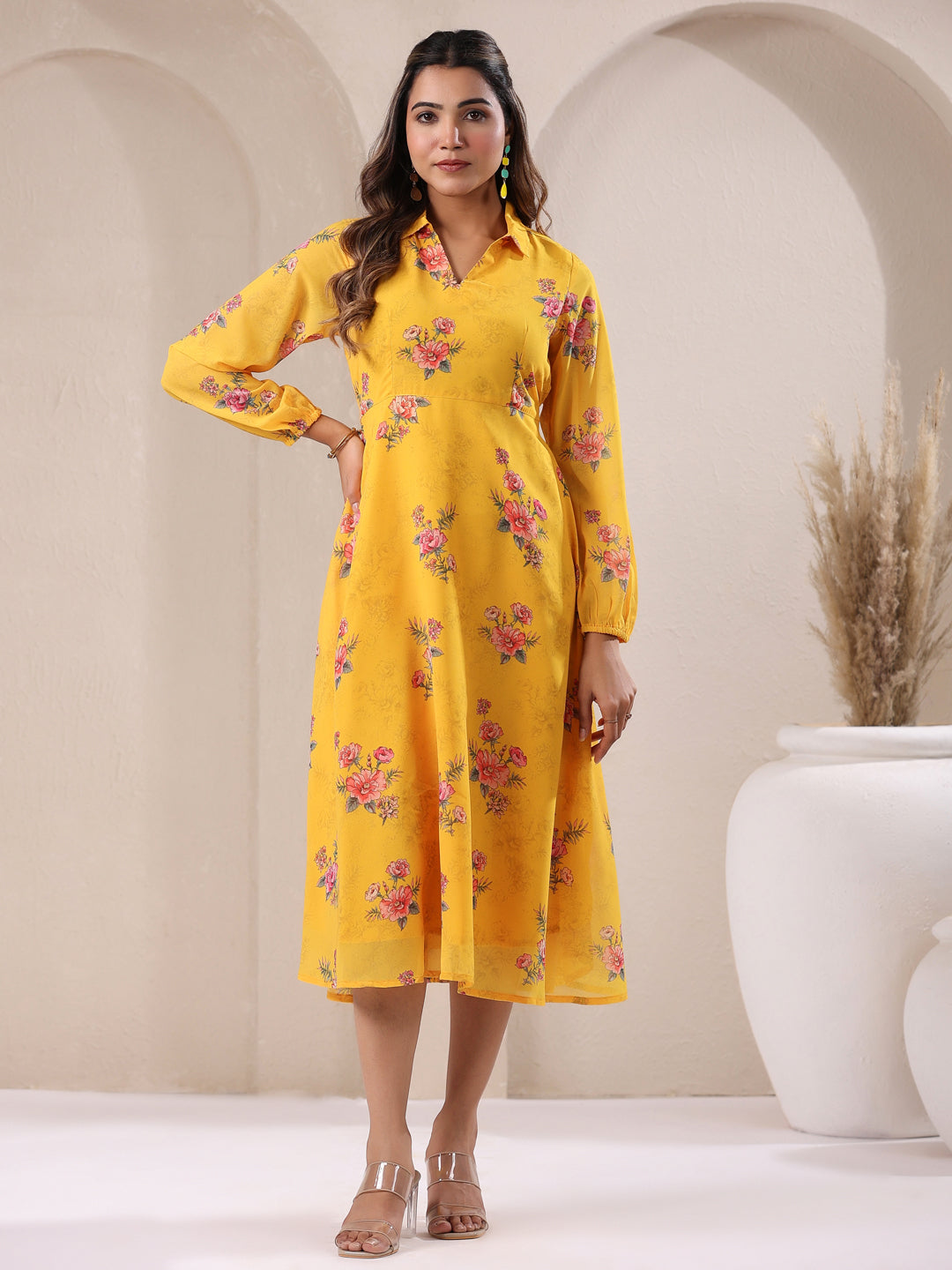 Janasya Bright Georgette Floral A-Line Dress