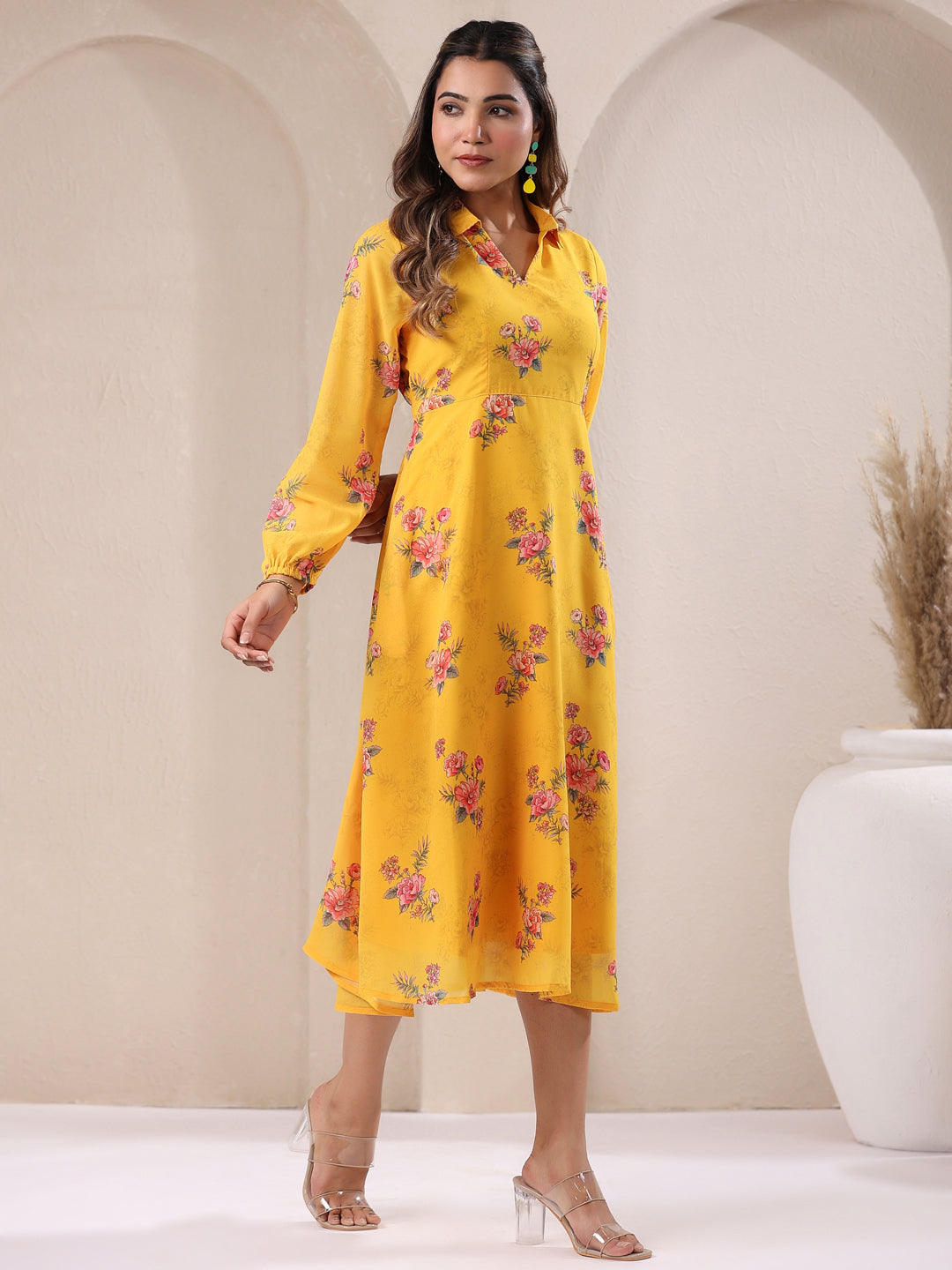 Janasya Bright Georgette Floral A-Line Dress